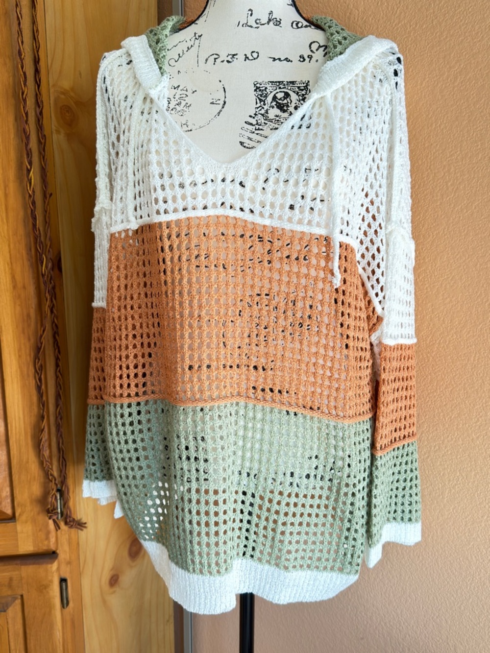 POL Colorblock Crochet Hooded Beach Coverup - White, Peach & Sage